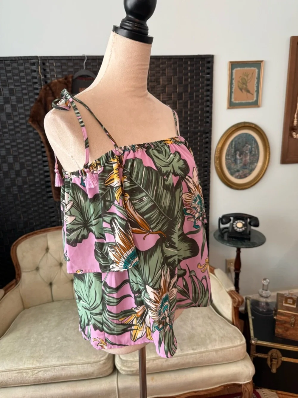 🌿🌸 J.Crew Tropical Off Shoulder Tie Strap Top Pink Green Floral Tassel Size S 🌸🌿
